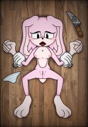 1girls 2d anus black_eyelashes black_eyes black_nose blush breasts demon_boy disheveled_hair gloves hare knife light_pink_fur mobian_(species) nsfw open_mouth original_character pink_fur rabbit rabbit_ears rabbit_tail reflection sonic_(series) striped_panties teeth tongue_out vagina wooden_floor