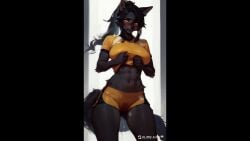 1girls ai_generated black_hair breathing_heavily dripping heat horny machina267 ponytail solo sports_uniform sweat tagme vaginal_fluids video wolf_girl