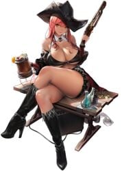 alternate_costume beer beer_mug boots bra coat coin dark-skinned_female dark_skin exposed_shoulders goddess_of_victory:_nikke gold_coin hat high_heel_boots huge_breasts jewelry large_breasts legs legs_crossed long_hair nipple_bulge official_art potion red_hair simple_background sitting sitting_on_table sleeves solo solo_female sunglasses table thick_thighs thighs underboob volume_(nikke) weapon yellow_eyes