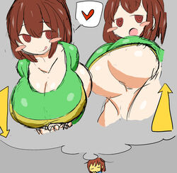 1boy big_breasts brown_hair chara edit edited female frisk green_shirt hypnotized_personality_change hypnotized_presentation hypnotized_sex hypnotized_undressing petronoise petronoise_(edit) red_eyes toby_fox undertale yellow_skin