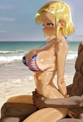 1boy 1girls ai_generated american_flag_bikini angol_mois athletic_female bare_legs beach big_breasts bikini blonde_hair blush dark-skinned_male dark_skin doram huge_breasts huge_thighs implied_sex interracial keroro_gunsou massive_breasts no_panties nude nude_male short_hair sitting_on_person squatting sweat sweatdrop tan-skinned_female tan_body tanned_female tanned_skin thick_thighs thighs voluptuous voluptuous_female yellow_eyes