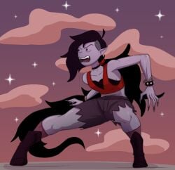 adventure_time black_hair boots bra choker claws clothing collar color curvy diklonius fangs female grey_skin long_hair marceline pointy_ears shaved_side shorts simple_background thick_thighs topwear vampire vampire_bite vampire_fangs vampire_girl