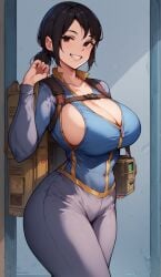 ai_generated ass black_hair bodysuit curvy dat_ass eteeming fallout fallout_(series) fallout_(tv_series) female_only jumpsuit lucy_maclean ponytail smile thick_thighs vault_girl vault_suit