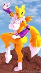 anthro areola armwear armwear_only bandai_namco big_breasts blue_eyes breasts bridal_gauntlets bridal_gauntlets_only clothing digimon digimon_(species) female hi_res looking_at_viewer mostly_nude nipples on_one_leg renamon solo standing tail thatonehornydood yin_yang