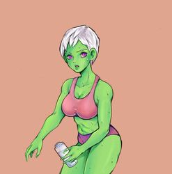 1girls alien_girl breasts cheelai cometjuice cute dragon_ball dragon_ball_super female green_skin humanoid jessf purple_eyes short_hair sports_bra sportswear sweat water_bottle white_hair