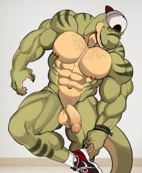 anthro balls bara barazoku darknaigart dinosaur flaccid jace_(darknaig) male male_only muscles muscular nude penis scalie solo solo_male tyrannosaurid tyrannosaurus tyrannosaurus_rex