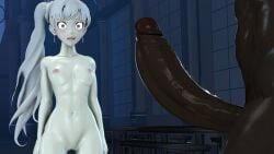 1boy 1girls alternate_version_available dark-skinned_male dominica9 female glossy_body imminent_sex interracial large_penis light-skinned_female looking_down nervous nude pale_skin rwby scared standing weiss_schnee white_hair