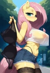 1female 1furry 1girls ai_generated animal_ears anthro antrho_pony aqua_eyes areola areolae big_eyes black_bra black_lace_bra black_stockings black_thighhighs black_thighighs blue_shorts blue_sky blush body_fur bra bra_removed breasts crop_top curvaceous cutoffs denim facing_to_the_side female fluff fluttershy_(mlp) fur furry furry_female half-closed_eyes half_closed_eyes highleg_panties highleg_thong holding holding_bra lace_bra lacy_bra large_breasts long_hair looking_at_viewer midriff my_little_pony my_little_pony navel nipples park pink_hair removed_bra see-through see-through_top see_through shiny_skin shirt shorts side_view sky sleeveless smaynch586 solo sranding tail thigh_highs thighhighs transparent_top unworn_bra white_shirt