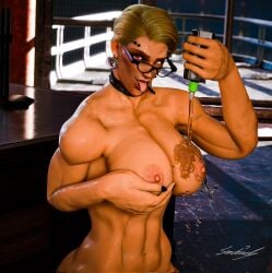 1girls 3d big_breasts blonde_hair breasts female glasses junker_queen muscular muscular_female nipples oiled overwatch red_eyes sentinel1_4 short_hair