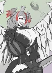 1girls back_wings big_breasts black_sclera breasts carlina cleavage cleavage_window clothed clothed_female clothing crown digital_drawing_(artwork) digital_media_(artwork) dress eyebrows eyelashes feathered_wings feathers female female_focus female_only force_of_will glass glass_of_wine gloves half-closed_eyes hi_res hips holding_weapon huge_breasts lips lipstick looking_at_viewer monochrome necklace open_mouth open_smile pinup pose posing quin-nsfw red_eyes revealing_clothes sharp_teeth shiny_skin short_hair sketch smile smiling smiling_at_viewer solo solo_female solo_focus standing stockings tagme thick_thighs thighs weapon wings wings_on_head