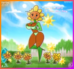 2d 2d_(artwork) agonywelds angelsagony anthro ass bra dark_skin flower holding_breast looking_at_viewer panties plant plant_girl plants_vs_zombies pvz striped_panties sun sunflower sunflower_(pvz) tagme talking_to_viewer teasing text thick_ass thick_thighs thighs underwear wide_hips