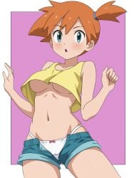 :o absurdres asymmetrical_hair bare_arms bare_shoulders blue_eyes blue_shorts blush bow bow_panties breasts creatures_(company) crop_top denim denim_shorts eyelashes female female_focus game_freak green_eyes gym_leader hair_tie hands_up highres kasumi_(pokemon) large_breasts legs looking_at_viewer medium_breasts midriff mnkr98 navel nintendo open_clothes open_fly open_mouth open_shorts orange_hair panties pokemon pokemon_(anime) pokemon_(classic_anime) ponytail shirt short_hair short_shorts shorts side_ponytail sleeveless sleeveless_shirt solo stomach suspenders tank_top thighs underboob underwear unzipped w_arms white_panties yellow_shirt yellow_tank_top