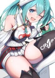 big_breasts blue_eyes blue_hair hatsune_miku looking_at_viewer racing_miku thick_thighs thighhighs twintails vocaloid