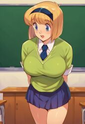 1girls ai_generated alternate_eye_color bangs big_breasts blonde_hair blue_eyes blush bob_cut breasts chalkboard civitai classroom clothing desk eyebrows_visible_through_hair eyelashes female female_focus female_only hairband hellblueboy4 human indoors jigoku_sensei_nube large_breasts looking_to_the_side miki_hosokawa miniskirt necktie open_mouth pinup pleated_skirt rolled_up_sleeves school schoolgirl shiny_skin shirt short_hair short_sleeves skirt solo solo_female sweater teeth thighs tie tongue voluptuous