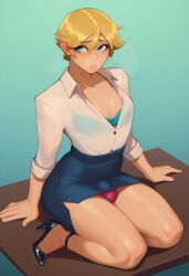 1boy ai_generated blonde_hair blue blue_bra blue_eyes bra bra_visible_through_clothes civitai color crossdressing crossdressing_male eyelashes femboy feminine_male girly high_heels jimojo kneeling male male_chest male_cleavage miniskirt office_clothing office_lady panty_bulge panty_peek pectoral_cleavage pencil_skirt pink_panties pony_diffusion_xl red_panties secretary short_hair short_skirt simple_background sitting sitting_on_desk skirt sleeves_rolled_up thighs transparent_clothing