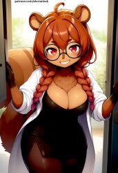 ai_generated brown_fur cute cute_face eternal_oak furry furry_female glasses mabel_maplebottom office_clothing red_eyes red_hair squirrel thick_glasses twin_braids