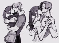 1boy 1girls arm_around_neck arm_around_waist arms_around_partner claire_redfield embrace female french_kiss hand_on_head holding_hands hugging kissing leon_scott_kennedy making_out male male/female ponytail resident_evil resident_evil_2 resident_evil_2_remake shirtless straight tongue_kiss