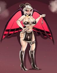 1girls angel angel_wings big_ass big_breasts bitterbunz breasts corrupted corruption fallen_angel hazbin_hotel horns lute_(hazbin_hotel) open_mouth partially_clothed sexy_outfit smile