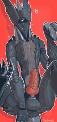 animal_genitalia animal_penis anthro balls big_penis black_body canine_genitalia canine_penis claws erection genitals hi_res knot knot_root machine male metallic_body penis ratcha robot solo tail