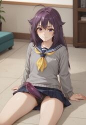 ahoge ai_generated female jouthechou koshi_anko my_deer_friend_nokotan purple_eyes school_uniform serafuku shikanoko_nokonoko_koshitantan sitting sitting_on_floor skirt solo_female strap-on