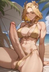 aglaea_(honkai:_star_rail) ai_generated beach big_balls bikini blonde_hair cock_peek erect_penis erection first_porn_of_character futa_focus futa_only futanari futanari_focus green_eyes hair_ornament honkai:_star_rail huge_cock laurel_crown mandy_kotatsu medium_breasts medium_hair penis_peek self_upload solo solo_focus sweat swimsuit