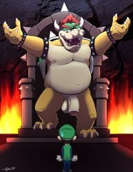 2024 2boys anthro balls belly bowser bracelet chair colfaxwulffy duo fire flaccid foreskin furniture genitals hi_res humanoid_genitalia humanoid_penis jewelry koopa luigi male mammal mario_(series) navel nintendo nipples penis scalie signature spiked_bracelet spikes throne