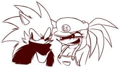 1boy 1girls blush fakeout_(doutm_fakersin) female friday_night_funkin overalls overalls_only rule_63 sabotage_(exeg) smirking_at_partner sonic.exe sonic.exe_(series) sonic_(series)