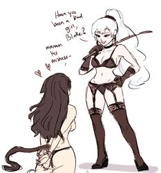 2girls black_hair black_panties blake_belladonna bondage cat_ears cat_tail dashingicecream domination female female_only femdom femsub handcuffed handcuffs happy_sub lingerie rwby sketch stockings weiss_schnee whip white_hair willing_sub yuri