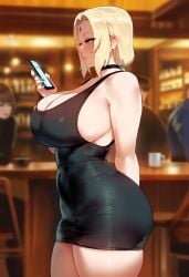 ai_generated blonde_hair forehead_jewel looking_at_phone minidress miyuai naruto naruto_(series) phone tight_clothing tight_dress tsunade