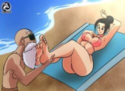 beach_towel bikini chichi dragon_ball dragon_ball_z feet foot_fetish foot_lick legs master_roshi mbeach milf mother old_man older_male older_man_and_younger_woman relaxing sunglasses toe_sucking toes