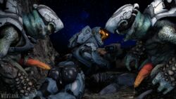 1girls 2boys 3d alien armor artist_name ass butt cum cum_on_ass erection female female_spartan_(halo) halo_(series) looking_back lying_on_stomach male night orange_penis outdoors outside penis sky sniper sniper_rifle spartan_(halo) star uncensored unggoy weapon weebstank xenophilia