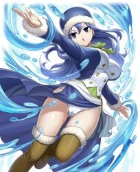 blue_eyes casting_spell coat edited fairy_tail fur_trim game_cg hat juvia_lockser large_breasts long_hair long_sleeves official_art pantyshot thigh_boots upscaled water water_drop wavy_hair white_panties