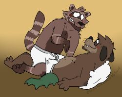 2024 anthro biped black_nose blush brown_body brown_fur bulge canid canine canis clothing cute_fangs domestic_dog duo fangs frottage fur hi_res male male/male mammal penile procyonid raccoon sex simple_background smile srirachamander teeth underwear