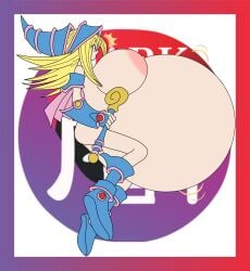 big_belly big_breasts dark_magician_girl hat huge_belly inflation surprised wand yu-gi-oh!