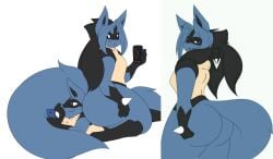 anthro ass big_butt blush breasts canid canine dart(dewwydartz) dewwydarts dewwydartz facesitting female flat_chest fluffy furry generation_4_pokemon hair hourglass_figure huge_ass looking_at_viewer lucario male mammal may_(dewwydarts) may_(dewwydartz) nintendo nude pear_shaped pear_shaped_female phone pokemon pokemon_(species) purple_eyes simple_background sitting_on_person small_breasts solo tail thick_thighs white_background wide_hips