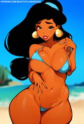 1girl ai_generated aladdin_(1992_disney_film) beach beautifulcabincrew bikini black_hair blue_bikini breasts dark_skin disney earrings highleg_bikini jewelry large_breasts lips long_hair makeup navel patreon patreon_username princess_jasmine smile smile_at_viewer solo swimsuit watermark