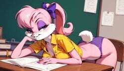 ai_generated babs_bunny bedroom_eyes bent_over bent_over_table classroom eyeshadow hand_under_chin looking_at_viewer purple_eyeshadow purple_panties tiny_toon_adventures unbuttoned_shirt yellow_shirt