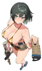 absurdres ar-15 assault_rifle bare_shoulders belt belt_buckle belt_pouch bikini black_belt black_hair black_nails blue_eyes blue_footwear blush breasts bright_pupils buckle cleavage closed_mouth collarbone female foreshortening from_side full_body gold_bikini gun hair_between_eyes highres holding holding_gun holding_magazine_(weapon) holding_weapon kuso_otoko large_breasts light_blush lillie_(uragoner) looking_at_viewer looking_to_the_side looking_up magazine_(weapon) micro_bikini nail_polish nike_(company) no_socks original paid_reward_available perspective pouch rifle shoes short_hair simple_background sneakers swimsuit walking weapon white_background white_pupils white_trim