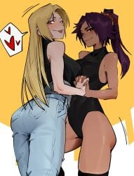 2girls ass ass_focus back_view big_ass big_breasts bleach bleach:_the_thousand-year_blood_war blonde_hair breasts busty crossover curvy dark-skinned_female dark_skin dingotoad female female_only heart holding_hands jujutsu_kaisen leotard light-skinned_female light_skin long_hair looking_at_viewer purple_hair seductive shihouin_yoruichi yuki_tsukumo yuri