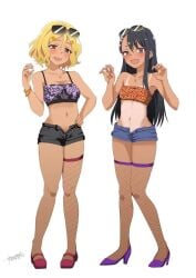 2girls aoi_manabu black_hair blonde_hair blush brown_eyes clothed commission female female_only fishnets full_body gyaru hayase_nagatoro hotpants jpeg_artifacts leopard_print medium_breasts multiple_girls necklace one-piece_tan please_don't_bully_me,_nagatoro sakura_(nagatoro) short_shorts shorts skeb_commission slutty_outfit small_breasts sunglasses sunglasses_on_head tan_body tanline third-party_source tubetop