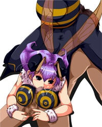 antennae bee_girl blowjob breasts bug_girl capcom censored clothing darkstalkers fellatio femdom large_breasts monster_girl narura oral_sex paizuri purple_hair q-bee tagme testicles_touching titfuck wings