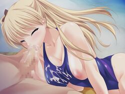 blonde_hair breasts closed_eyes cum cum_in_mouth cum_on_body cum_on_clothes hair large_breasts nipples penis swimsuit tsundereijou_tachibana_amane_to_bakansu_ai-land_jirojiro_misugi_desu_wa!_kozakuri_shitain_desu_no?_koibito_nan_dakara_suki_ni_nasai! usamimi_mogerumon