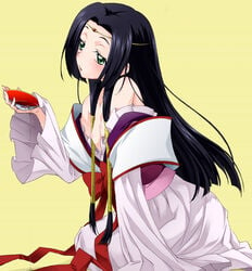 artist_request bare_shoulders black_hair blush breasts code_geass drunk flat_chest green_eyes japanese_clothes kimono sake sumeragi_kaguya