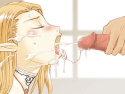 artist_request blonde_hair blush bukkake censored character_request closed_eyes cum cum_explosion cum_in_mouth cum_on_face elf facial female lineage lineage_ii long_hair male_human/female_elf open_mouth penis pointy_ears tongue