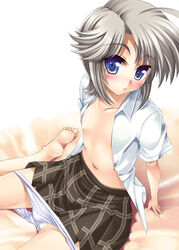 blue_eyes blush ezomori_nozomu feet flat_chest ichijou_hitoshi kanokon open_clothes open_shirt panties panty_pull shirt short_hair silver_hair skirt underwear