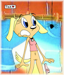 anthro anthro_only arachnid bottomless brandy_&_mr_whiskers brandy_harrington canine clothing disney disney_channel dog dropping female feral fur indoors innocenttazlet interspecies looking_at_another mammal pussy size_difference spider standing tagme toon_disney