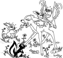 5boys bambi_(character) bambi_(film) bunny cum_in_mouth deer disney feral flower_(bambi) male male_only monochrome open_mouth owl penis skunk testicles thumper