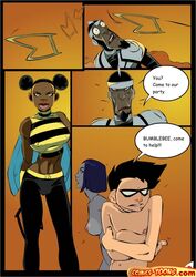 2boys 2girls afro_puffs arthur_light big_lips black_hair bob_cut breasts bumblebee_(dc) busty color colored comic comics-toons.com dark-skinned_female dark_hair dark_skin dc dc_comics dick_grayson double_bun dr_light english english_text female goatee gradient_background hair_buns human karen_beecher light-skinned_male male male_nipples nipples nipples_visible_through_clothing nude okunev pants rachel_roth rapist rapist_official raven_(dc) robin_(dc) robin_(dick_grayson) short_hair sideboob speech_bubble straight_hair teen_titans text_bubble tied_hair topless topless_female topwear