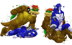 abs anal anthro anus balls barefoot bowser canine chest_tuft closed_eyes cum cum_in_ass cum_inside cum_while_penetrated cumshot doggy_style duo erection from_behind furry humanoid_penis interspecies male male_only mario_(series) muscles nintendo owen_edwolf pawpads paws pecs penetration penis reptile reverse_cowgirl_position scalie sex straight_hair yaoi