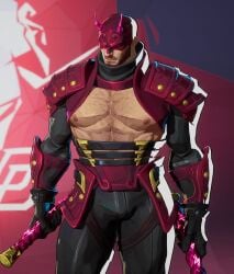 1boy 3d 3d_(artwork) armor armored_gloves armored_male baton baton_(weapon) beard beard_stubble big_muscles body_hair boob_window breasts bulge bulge_through_clothing bulge_under_clothes bulging_muscles chest_hair clothed daredevil daredevil_(marvel_rivals) daredevil_(series) facial_hair ginger ginger_beard ginger_hair glowing_eyes hair hairy_chest helmet horn horns large_muscles male male_focus male_only marvel marvel_comics marvel_rivals mask masked_male matt_murdock muscles nipples no_sex pecs pectorals red_armor render rendered shoulder_pads sketchywindow solo solo_focus taller_male turtleneck waist waist_belt